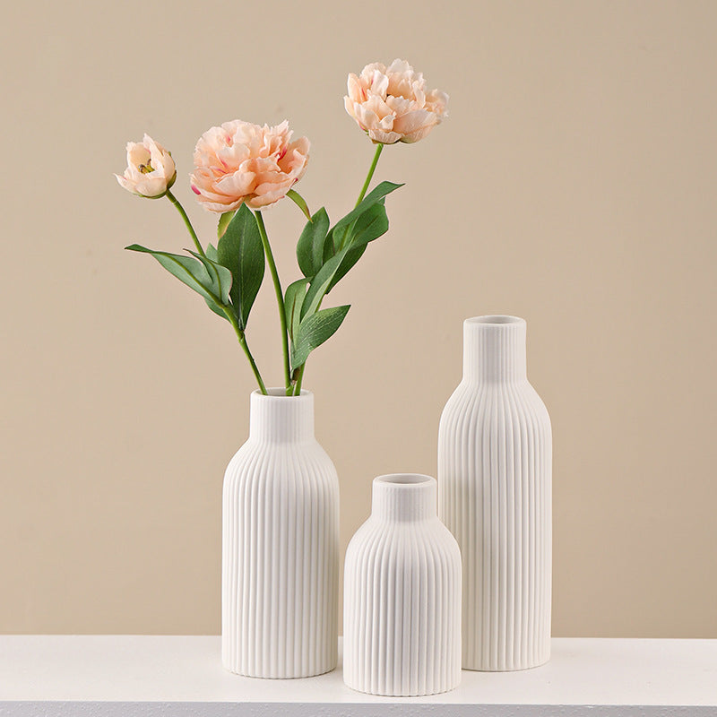 European Morandi Ceramic Vase Desktop Living Room Ornament with Dried Flowers Striped Decor