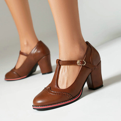 British Style Round Toe Buckle High Heel Shoes