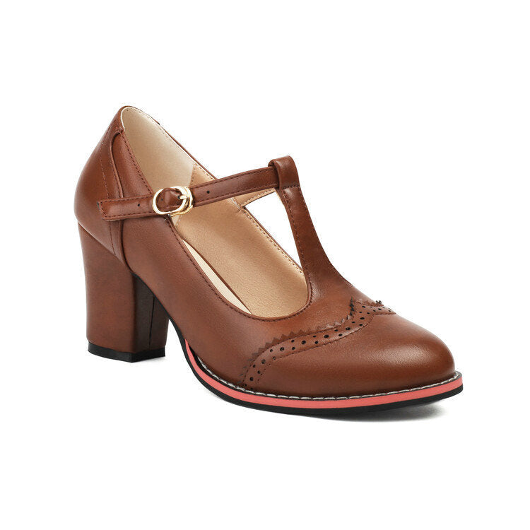 British Style Round Toe Buckle High Heel Shoes