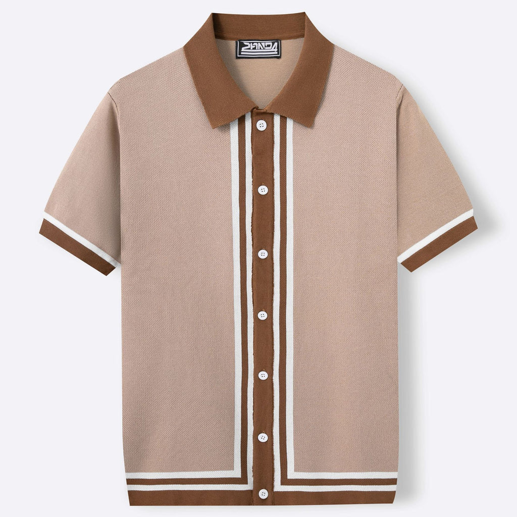 Men Summer Short Sleeve Knitted Striped Lapel Collar Business Polo Shirt