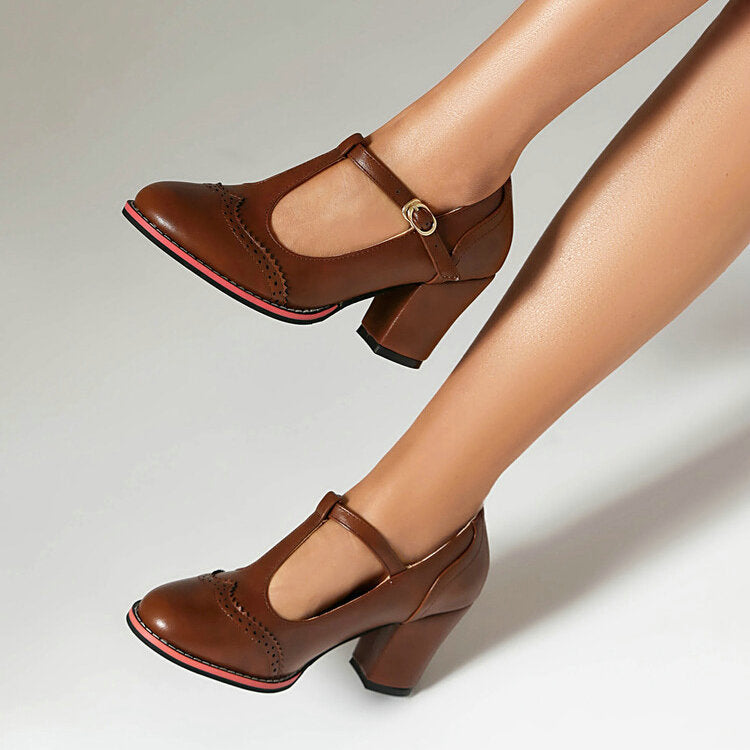 British Style Round Toe Buckle High Heel Shoes