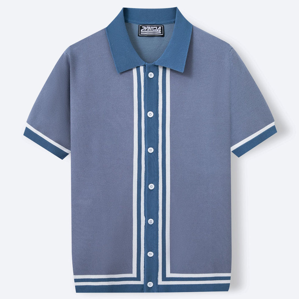 Men Summer Short Sleeve Knitted Striped Lapel Collar Business Polo Shirt