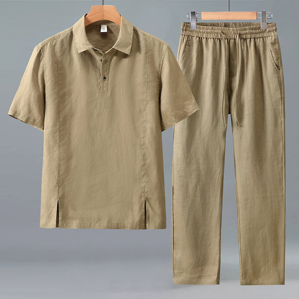 Mens Linen Polo Shirt and Pants Set
