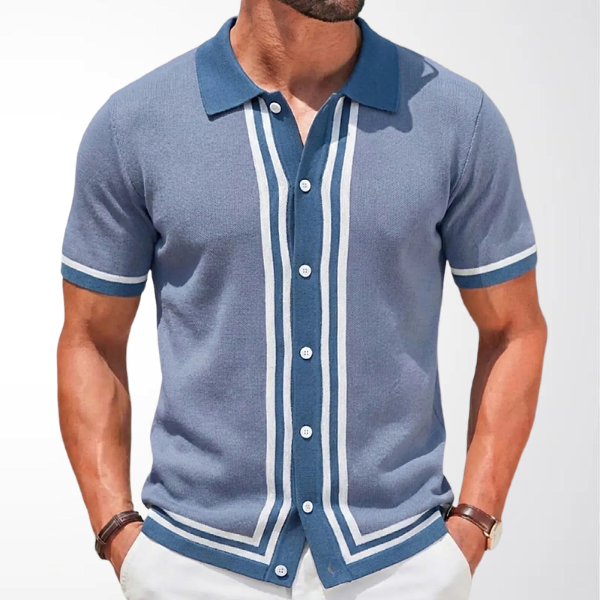 Men Summer Short Sleeve Knitted Striped Lapel Collar Business Polo Shirt