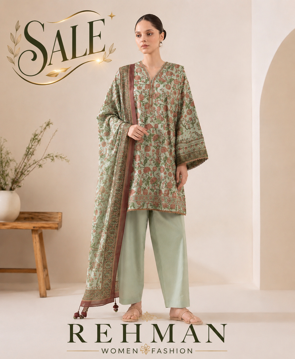 REHMAN Women’s Premium Floral Lawn 3-Piece Suit – Mint Blossom Edition