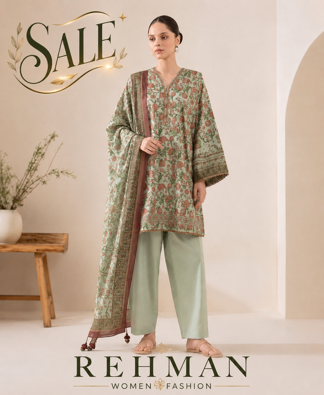 REHMAN Women’s Premium Floral Lawn 3-Piece Suit – Mint Blossom Edition