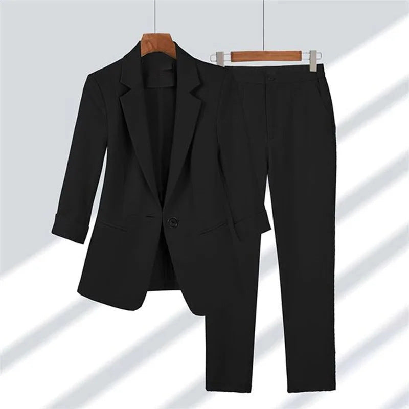 Women Two Piece Suit Set 2025 Spring Summer Simple Solid Color Slim Fit Blazer and Pants Set
