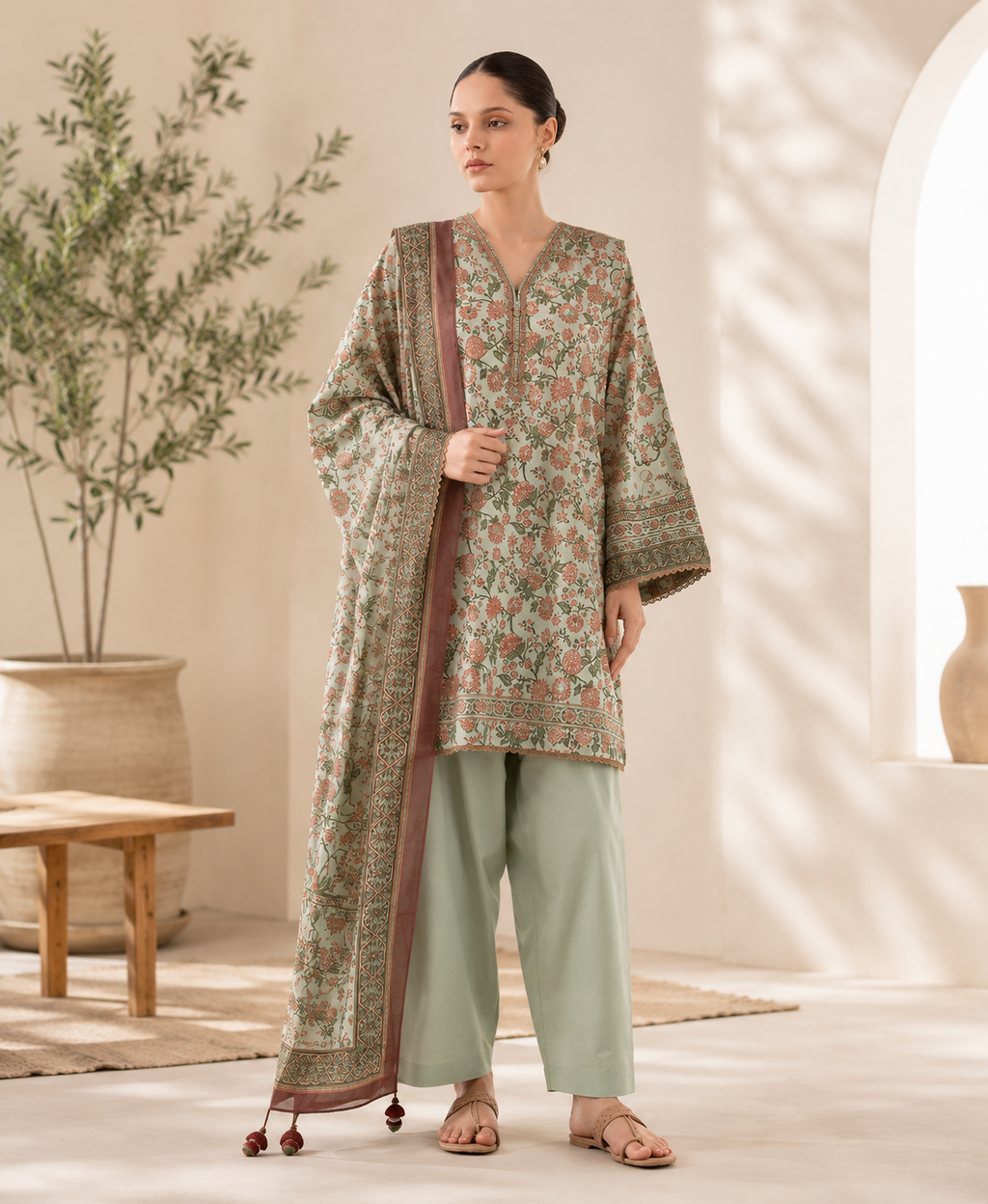 REHMAN Women’s Premium Floral Lawn 3-Piece Suit – Mint Blossom Edition