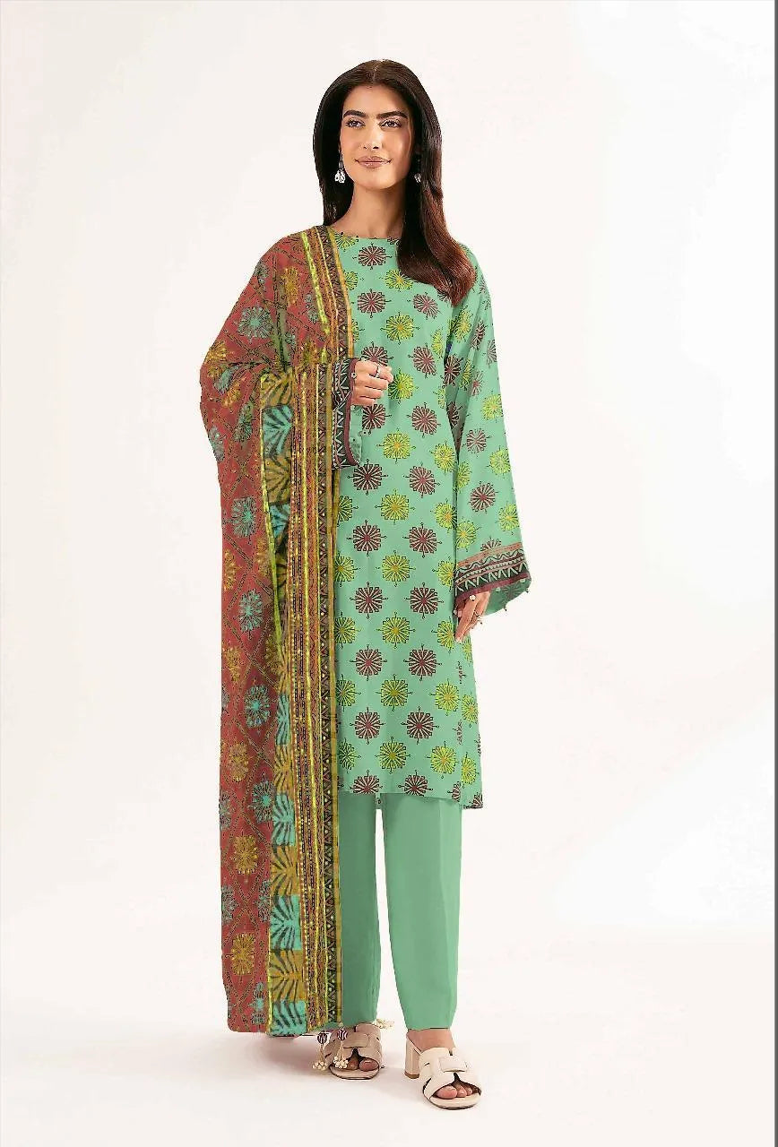 REHMAN GREEN FLORAL PRINTED LINEN 3 PIECE SUIT FOR WOMEN