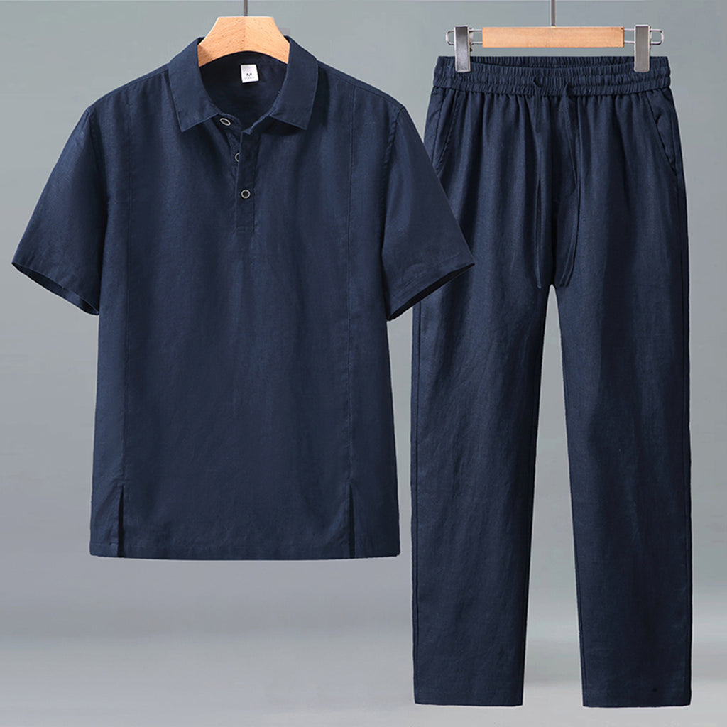 Mens Linen Polo Shirt and Pants Set