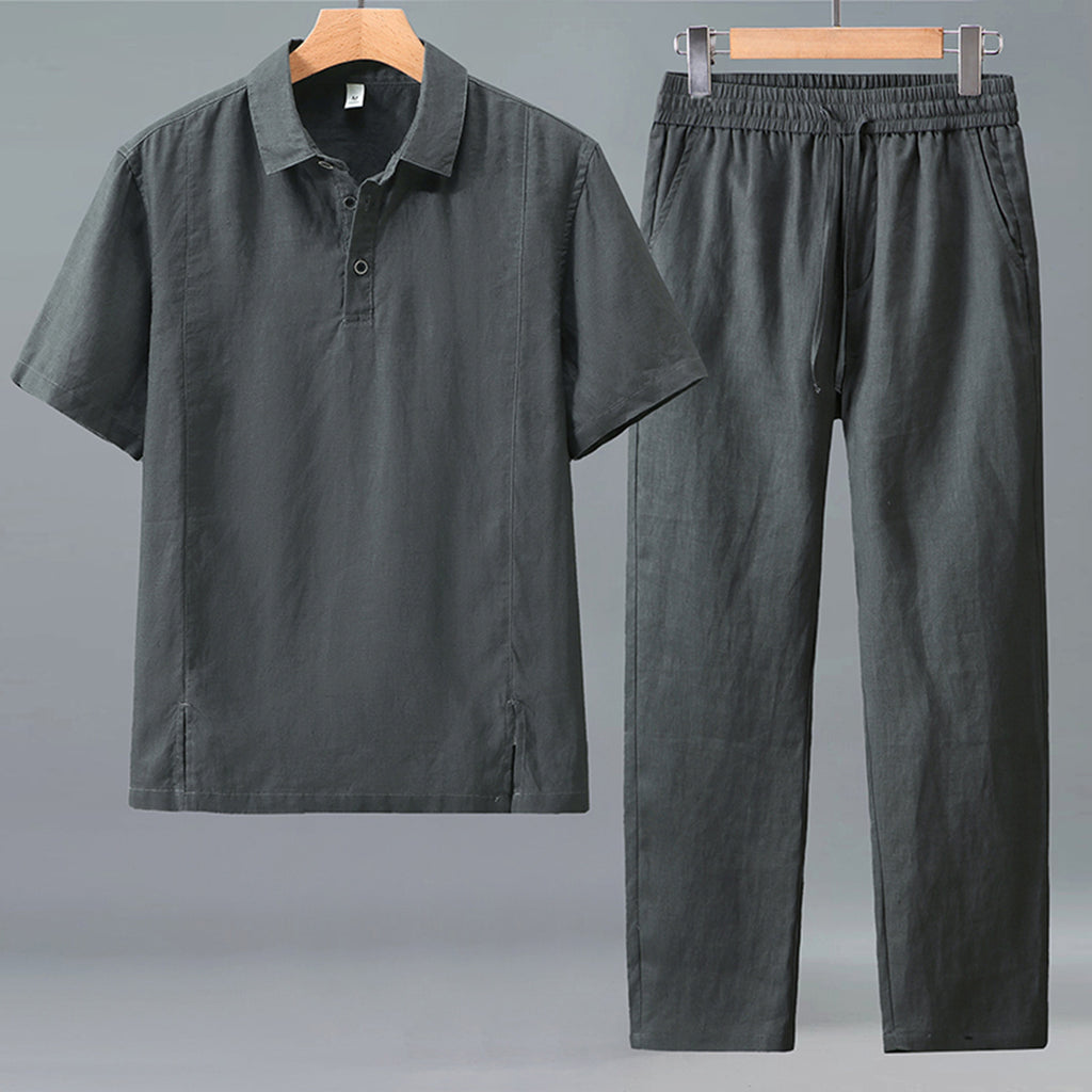 Mens Linen Polo Shirt and Pants Set