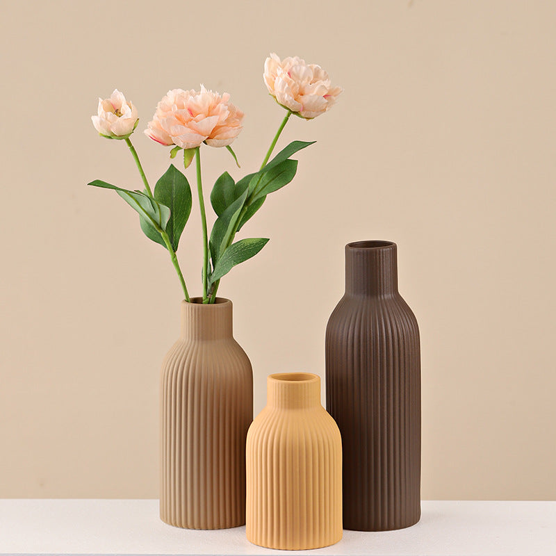 European Morandi Ceramic Vase Desktop Living Room Ornament with Dried Flowers Striped Decor