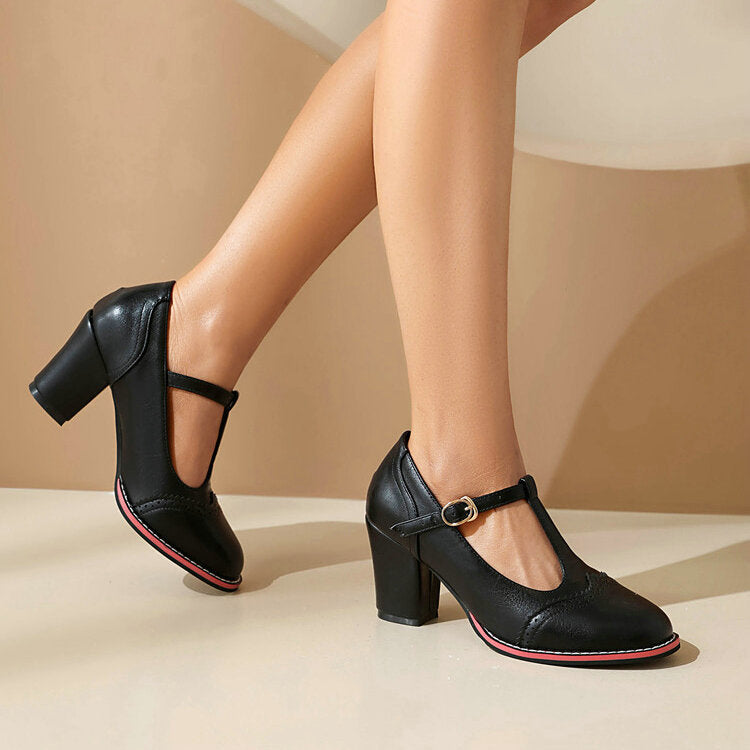 British Style Round Toe Buckle High Heel Shoes