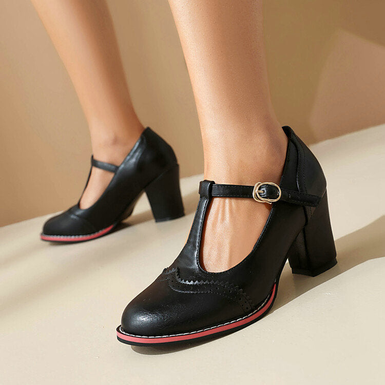 British Style Round Toe Buckle High Heel Shoes